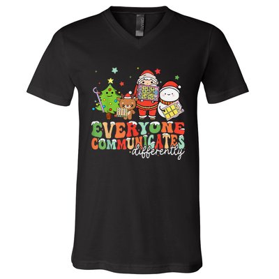 Everyone Communicates Differently Christmas Slp Therapy V-Neck T-Shirt