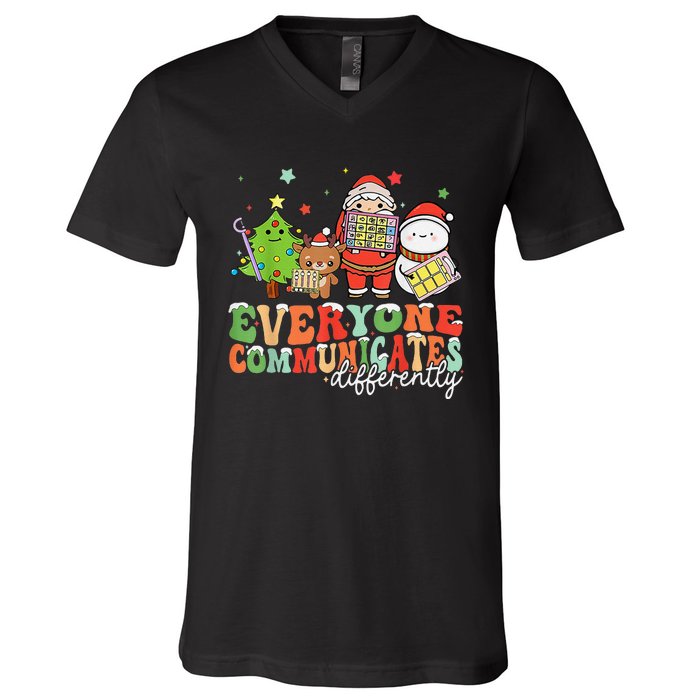 Everyone Communicates Differently Christmas Slp Therapy V-Neck T-Shirt