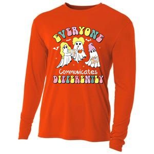 Everyone Communicates Differently Halloween Autism Teacher Cooling Performance Long Sleeve Crew