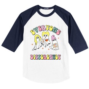 Everyone Communicates Differently Halloween Autism Teacher Baseball Sleeve Shirt