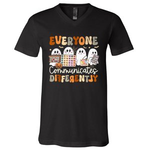 Everyone Communicates Differently Halloween Slp Sped Teacher V-Neck T-Shirt