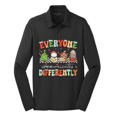 Everyone Communicates Differently Christmas Slp Sped Teacher Silk Touch Performance Long Sleeve Polo