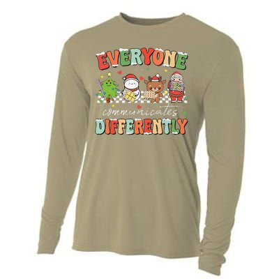 Everyone Communicates Differently Christmas Slp Sped Teacher Cooling Performance Long Sleeve Crew