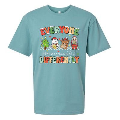 Everyone Communicates Differently Christmas Slp Sped Teacher Sueded Cloud Jersey T-Shirt