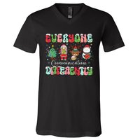 Everyone Communicates Differently Speech Therapy Christmas V-Neck T-Shirt