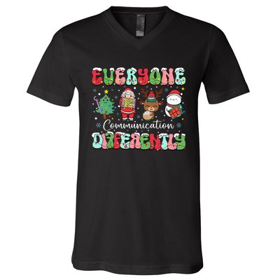 Everyone Communicates Differently Speech Therapy Christmas V-Neck T-Shirt