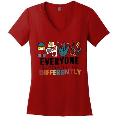 Everyone Communicate Differently Autism Awareness Month SPED Women's V-Neck T-Shirt