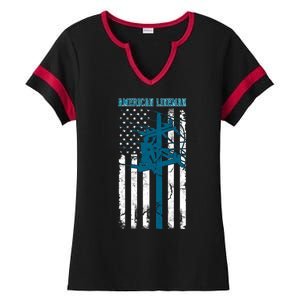 Electric Cable Distressed Patriotic Lineman American Flag Ladies Halftime Notch Neck Tee