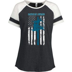 Electric Cable Distressed Patriotic Lineman American Flag Enza Ladies Jersey Colorblock Tee