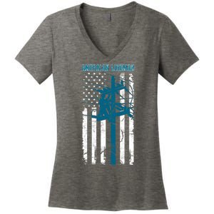 Electric Cable Distressed Patriotic Lineman American Flag Women's V-Neck T-Shirt