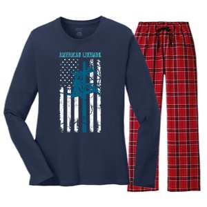 Electric Cable Distressed Patriotic Lineman American Flag Women's Long Sleeve Flannel Pajama Set 