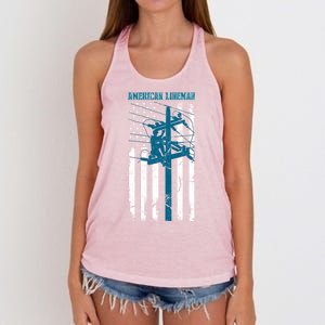 Electric Cable Distressed Patriotic Lineman American Flag Women's Knotted Racerback Tank