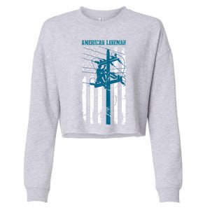 Electric Cable Distressed Patriotic Lineman American Flag Cropped Pullover Crew