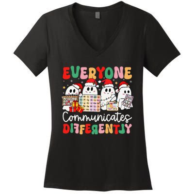 Everyone Communicates Differently Speech Therapy Christmas Women's V-Neck T-Shirt