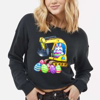 Eggs Cavator Easter Bunny Rabbit Excavator Cropped Pullover Crew