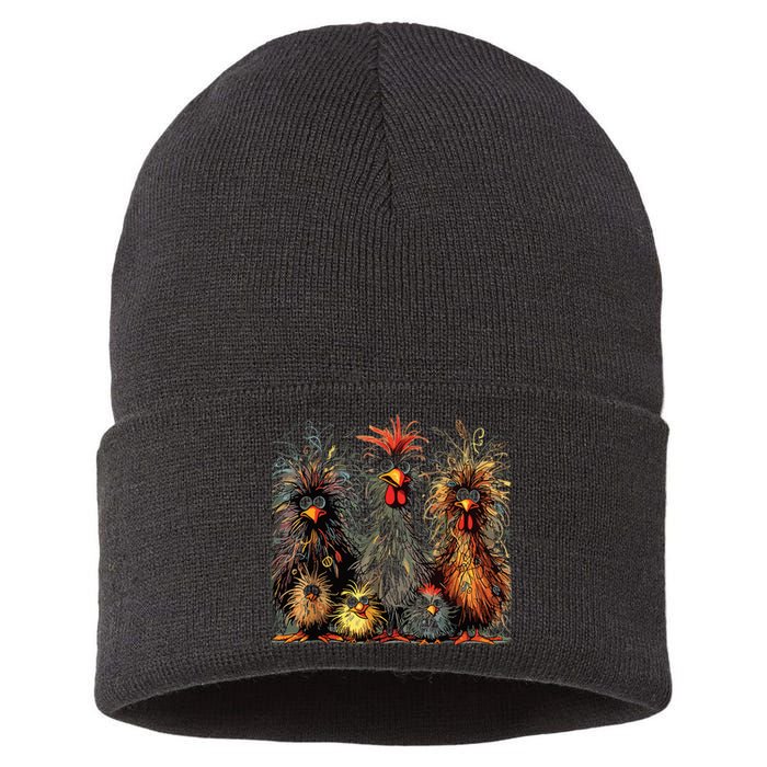 Eagerlys Colorful Funny Chicken Art Crazy Chicken Family Sustainable Knit Beanie