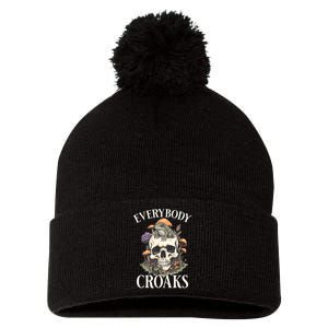 Everybody Croaks Funny Cottacore Frog Mushroom Skull Witch Pom Pom 12in Knit Beanie