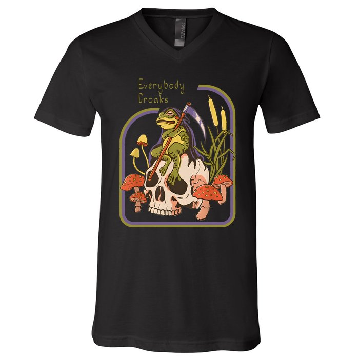 Everybody Croaks Frog Skull Mushroom Everybody Croak V-Neck T-Shirt