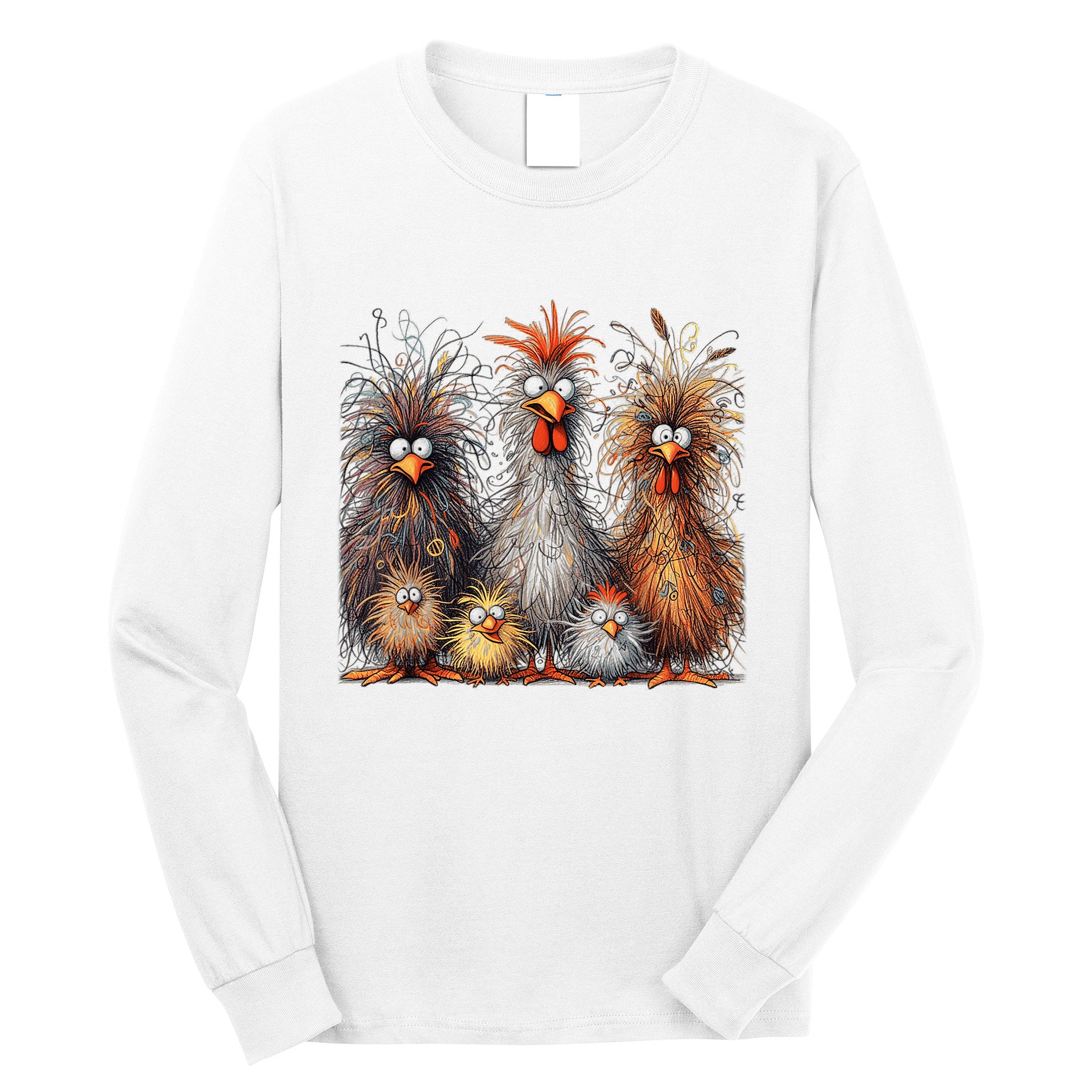 Eagerlys Colorful Funny Chicken Art Crazy Chicken Family Long Sleeve Shirt