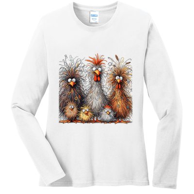 Eagerlys Colorful Funny Chicken Art Crazy Chicken Family Ladies Long Sleeve Shirt