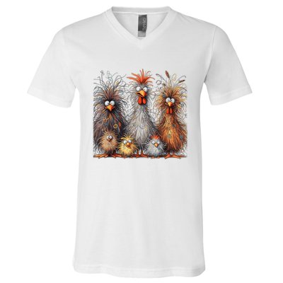 Eagerlys Colorful Funny Chicken Art Crazy Chicken Family V-Neck T-Shirt