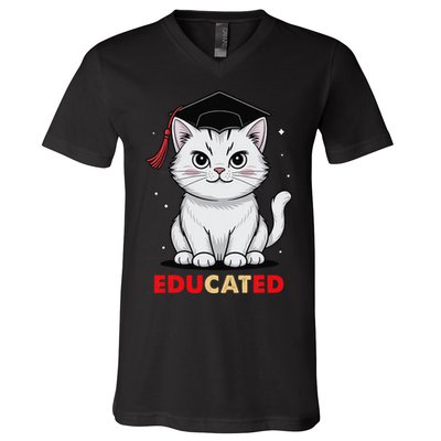 Educated Cat Graduation Cap Last Day Of School V-Neck T-Shirt
