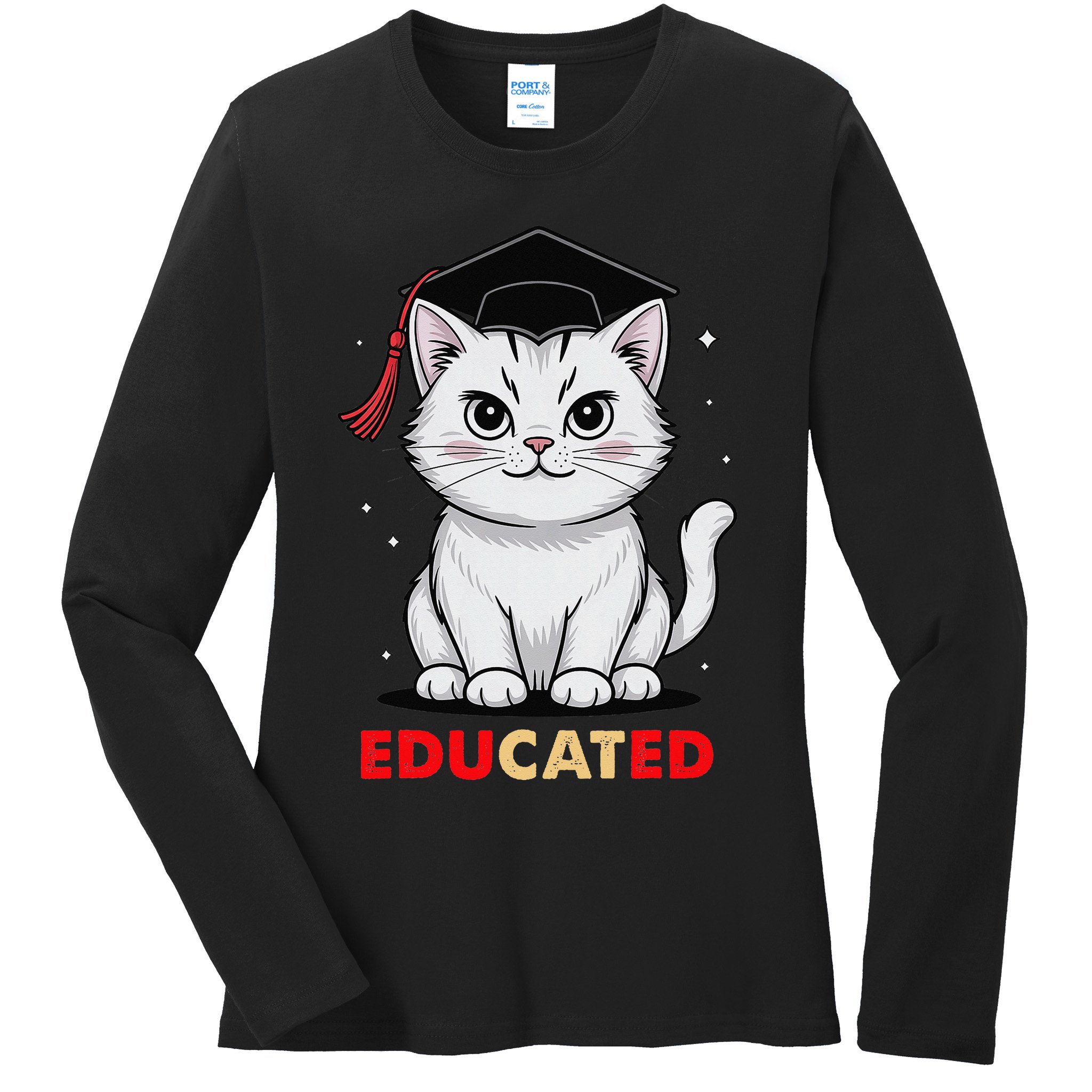 Educated Cat Graduation Cap Last Day Of School Ladies Long Sleeve Shirt