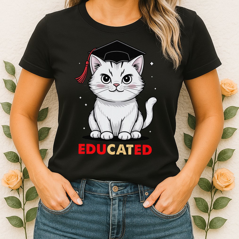 Educated Cat Graduation Cap Last Day Of School Womens T-Shirt
