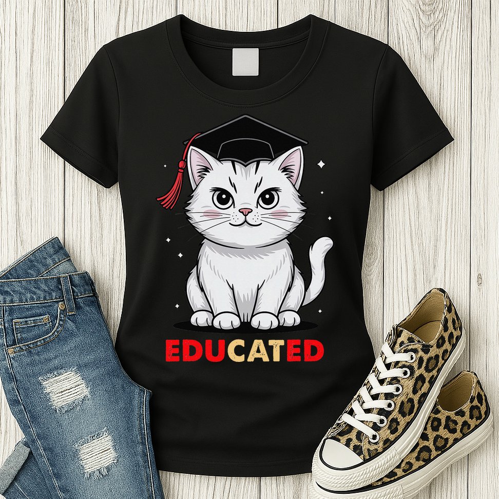 Educated Cat Graduation Cap Last Day Of School Womens T-Shirt
