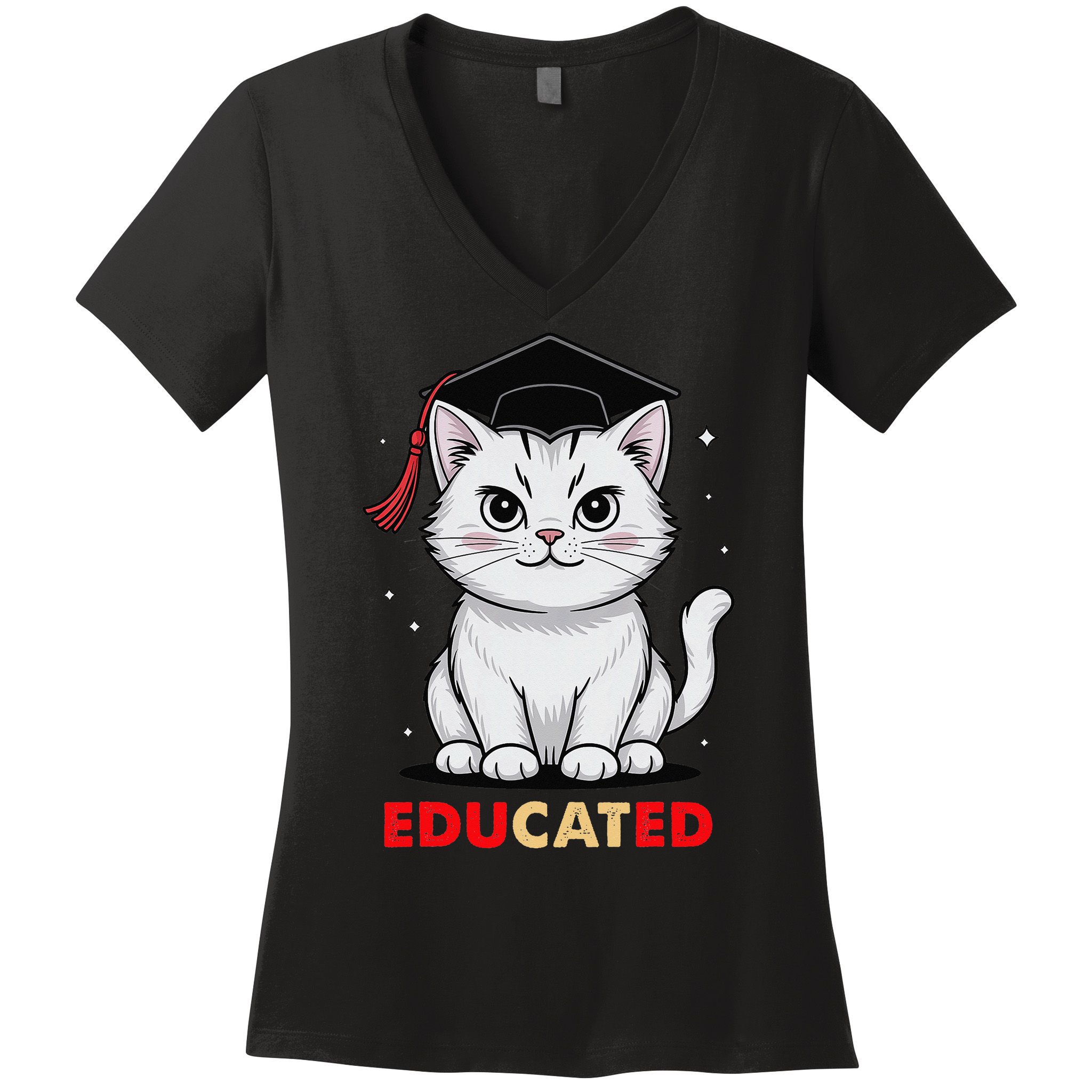 Educated Cat Graduation Cap Last Day Of School Women's V-Neck T-Shirt