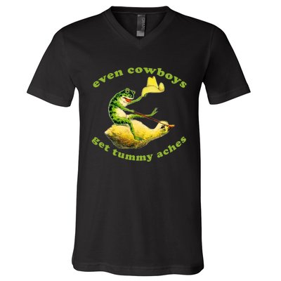 Even Cowboys Get Tummy Aches Frog Wearing Cowboy Hat V-Neck T-Shirt