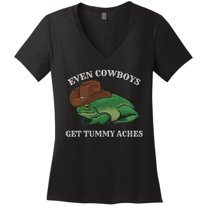 Even Cowboys Get Tummy Aches Frog Wearing Cowboy Hat Women's V-Neck T-Shirt