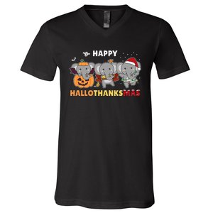 Elephant Christmas Halloween Costume Happy Hallothanksmas V-Neck T-Shirt