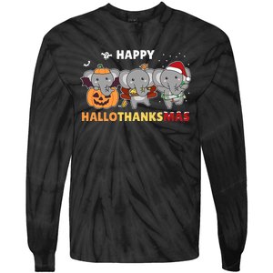 Elephant Christmas Halloween Costume Happy Hallothanksmas Tie-Dye Long Sleeve Shirt