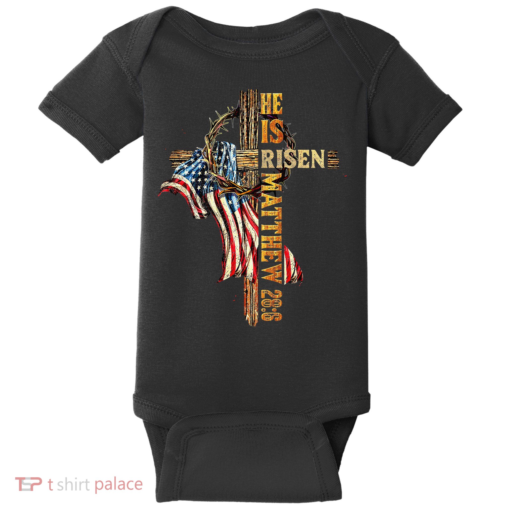 Easter Cross He Is Risen Jesus Christian USA Flag Women Baby Bodysuit