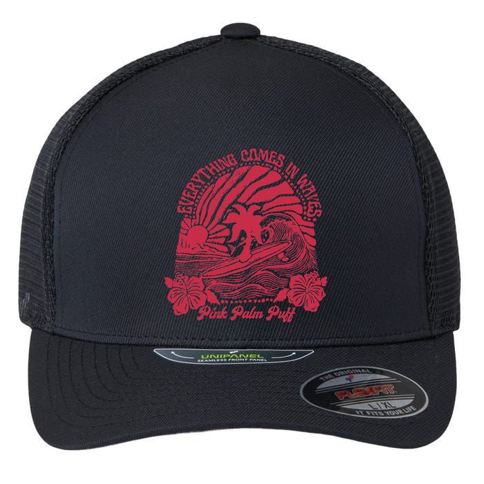 Everything Comes In Waves Palm Puff Summer Vibes Flexfit Unipanel Trucker Cap