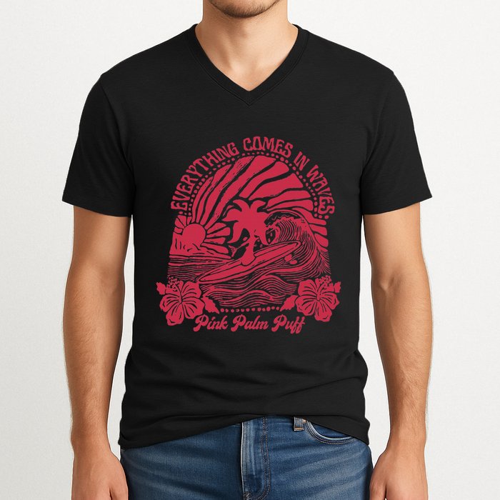 Everything Comes In Waves Palm Puff Summer Vibes V-Neck T-Shirt
