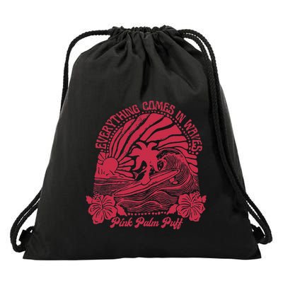 Everything Comes In Waves Palm Puff Summer Vibes Drawstring Bag