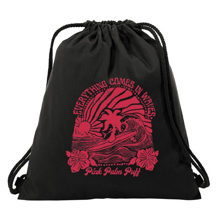 Everything Comes In Waves Palm Puff Summer Vibes Drawstring Bag