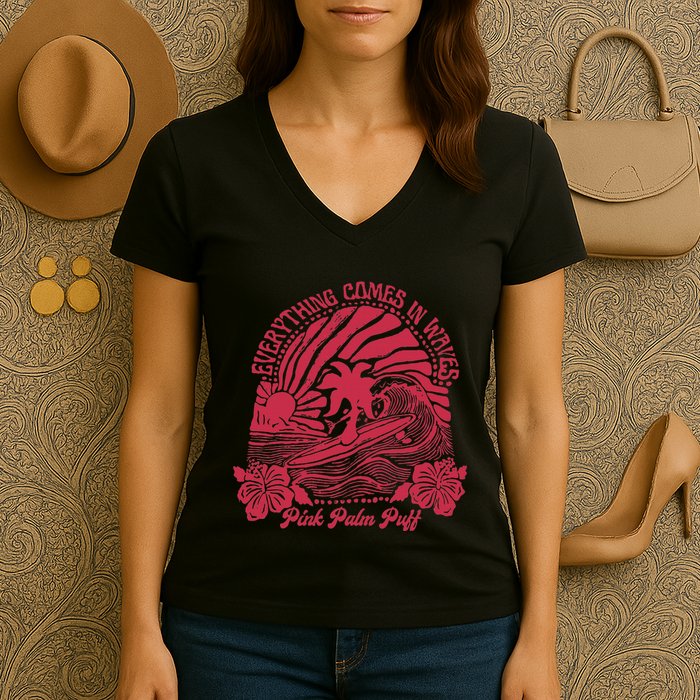Everything Comes In Waves Palm Puff Summer Vibes Women's V-Neck T-Shirt