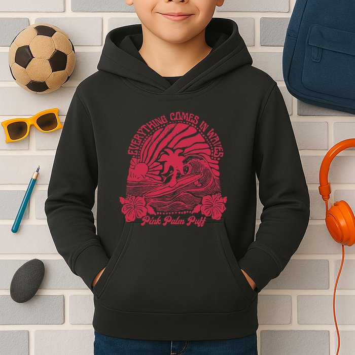 Everything Comes In Waves Palm Puff Summer Vibes Kids Hoodie