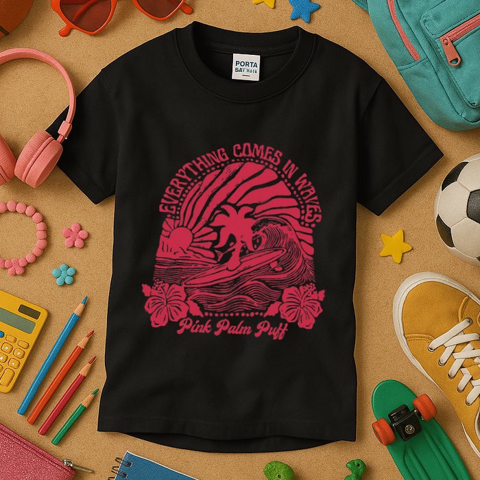 Everything Comes In Waves Palm Puff Summer Vibes Kids T-Shirt