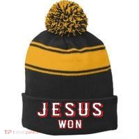 Evan Carter Jesus Won Stripe Pom Pom Beanie