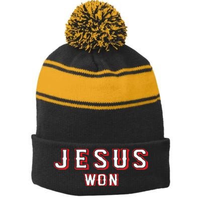 Evan Carter Jesus Won Stripe Pom Pom Beanie