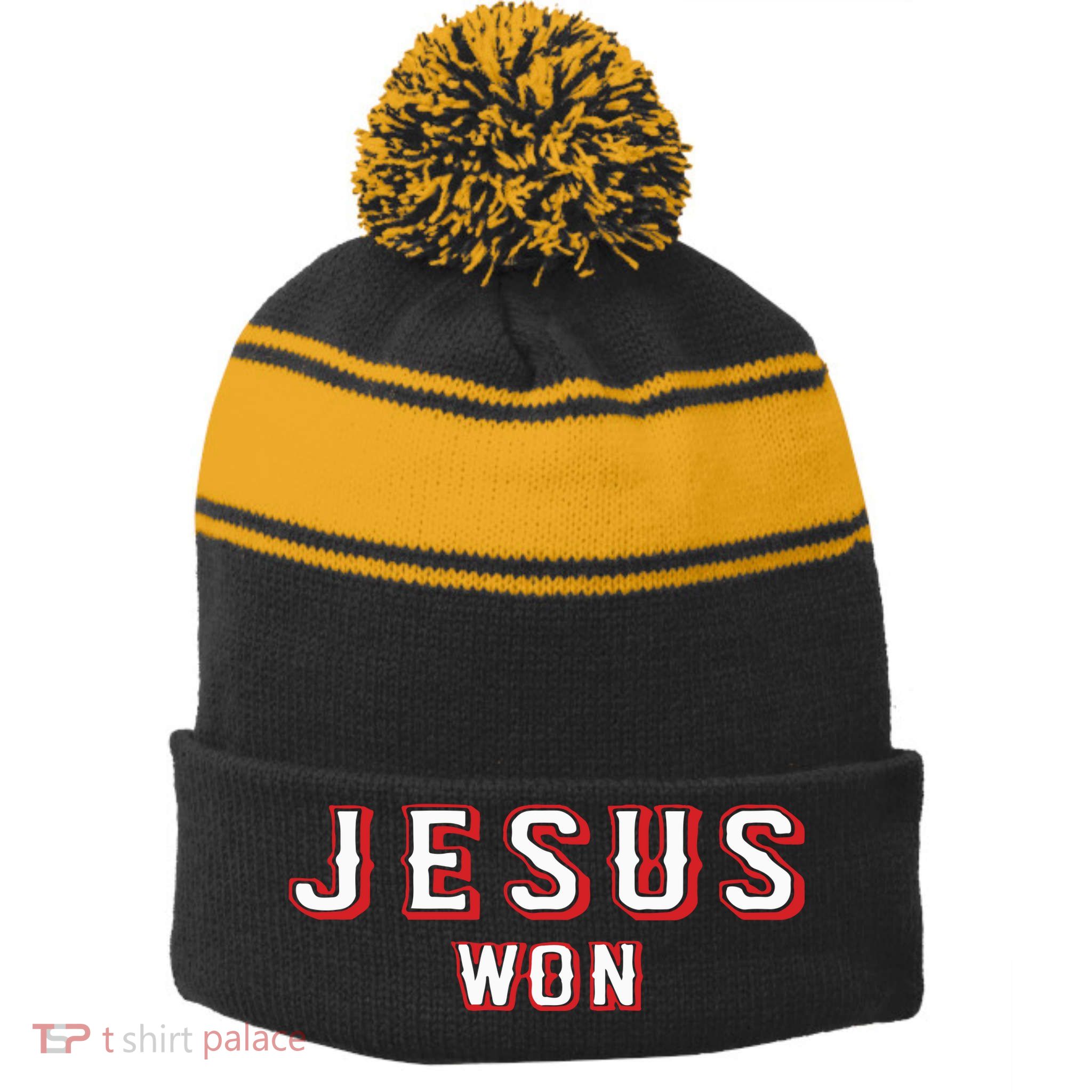 Evan Carter Jesus Won Stripe Pom Pom Beanie
