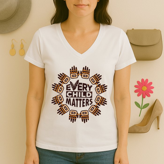 Every Child Matters Native American Hand Pattern Women's V-Neck T-Shirt