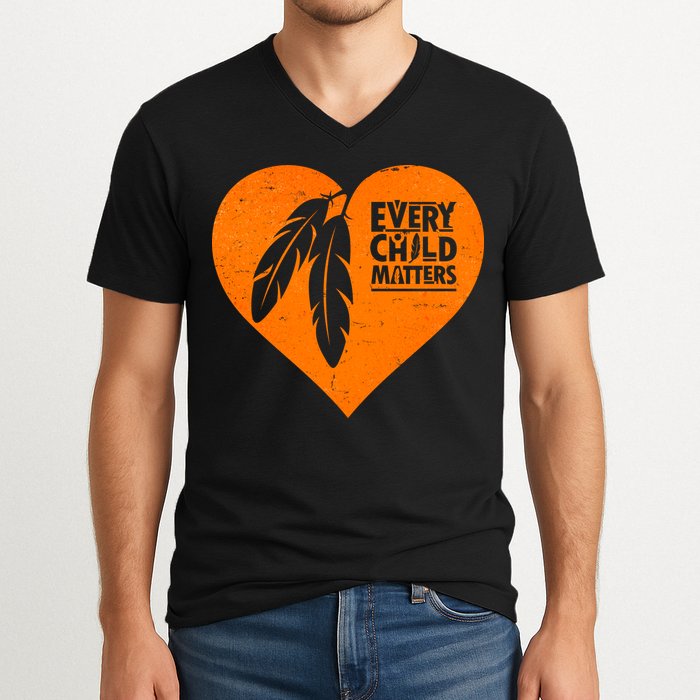 Every Child Matters Native American Feather Heart V-Neck T-Shirt
