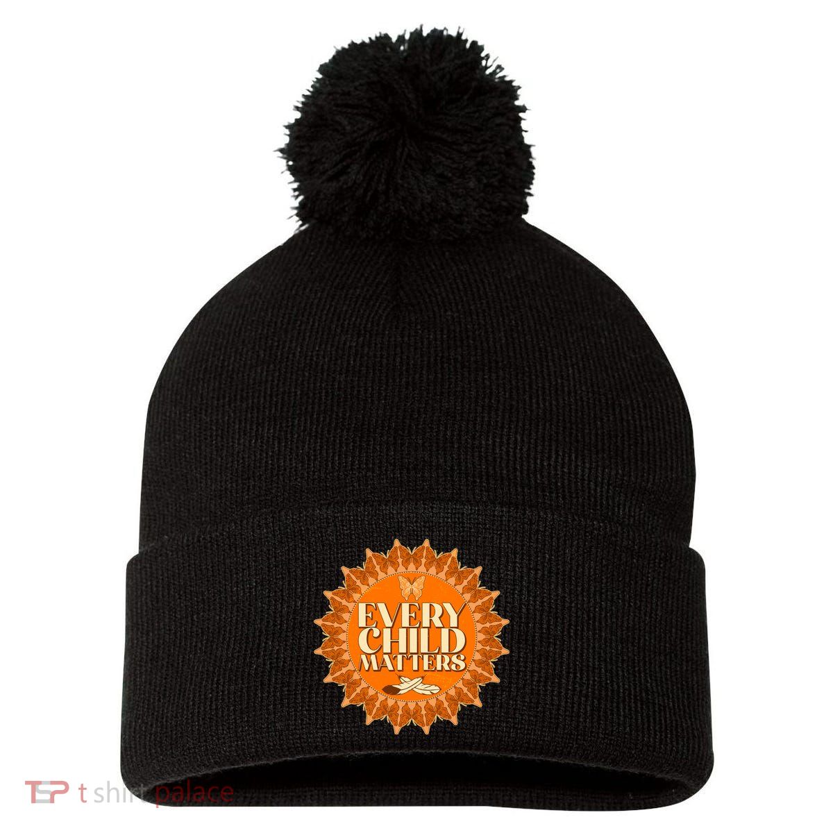 Every Child Matters Orange Butterfly Sun Flower Pom Pom 12in Knit Beanie