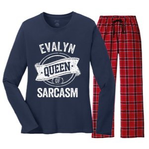 Evalyn Cute Queen Of Sarcasm Evalyn Name Women's Long Sleeve Flannel Pajama Set 