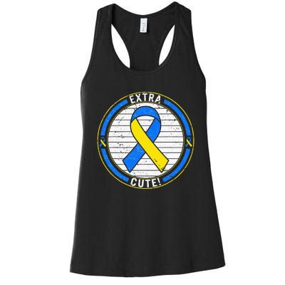 Extra Cute Ribbon Blue And Yellow World Down Syndrome Day Women's Racerback Tank